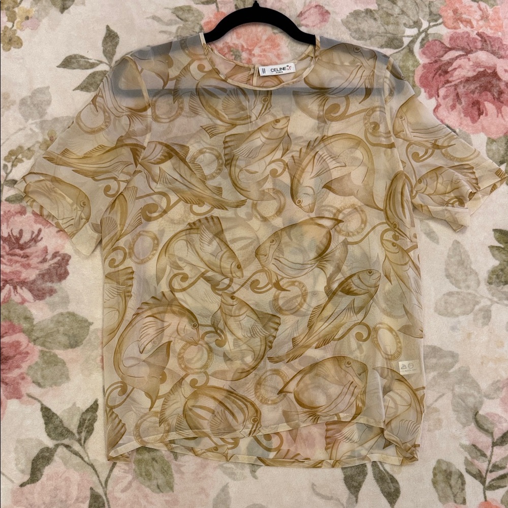 Celine Beige and Gold Fish Pattern Short Sleeve Tee